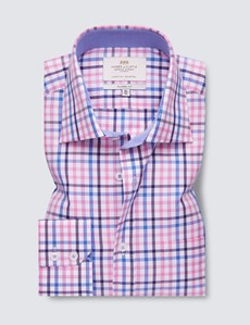 Easy Iron Pink & Blue Multi Check Classic Fit Shirt with Contrast Detail & Chest Pocket - Single Cuffs