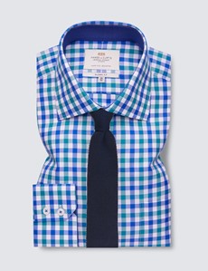 Easy Iron Blue & Green Multi Check Classic Fit Shirt with Contrast Detail & Chest Pocket - Single Cuffs 