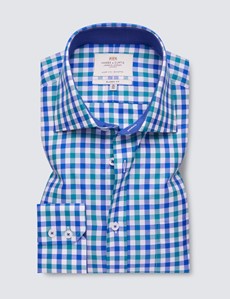 Easy Iron Blue & Green Multi Check Classic Fit Shirt with Contrast Detail & Chest Pocket - Single Cuffs 