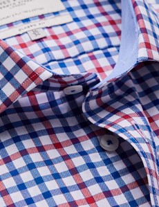 Easy Iron Red & Blue Multi Check Classic Fit Shirt with Contrast Detail & Chest Pocket - Single Cuffs 