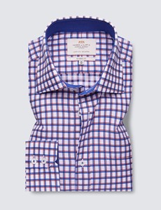 Easy Iron Red & Navy Multi Check Classic Fit Shirt with Contrast Detail & Chest Pocket - Single Cuffs