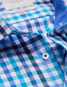 Easy Iron Blue & Turquoise Multi Check Classic Fit Shirt with Contrast Detail & Chest Pocket - Single Cuffs