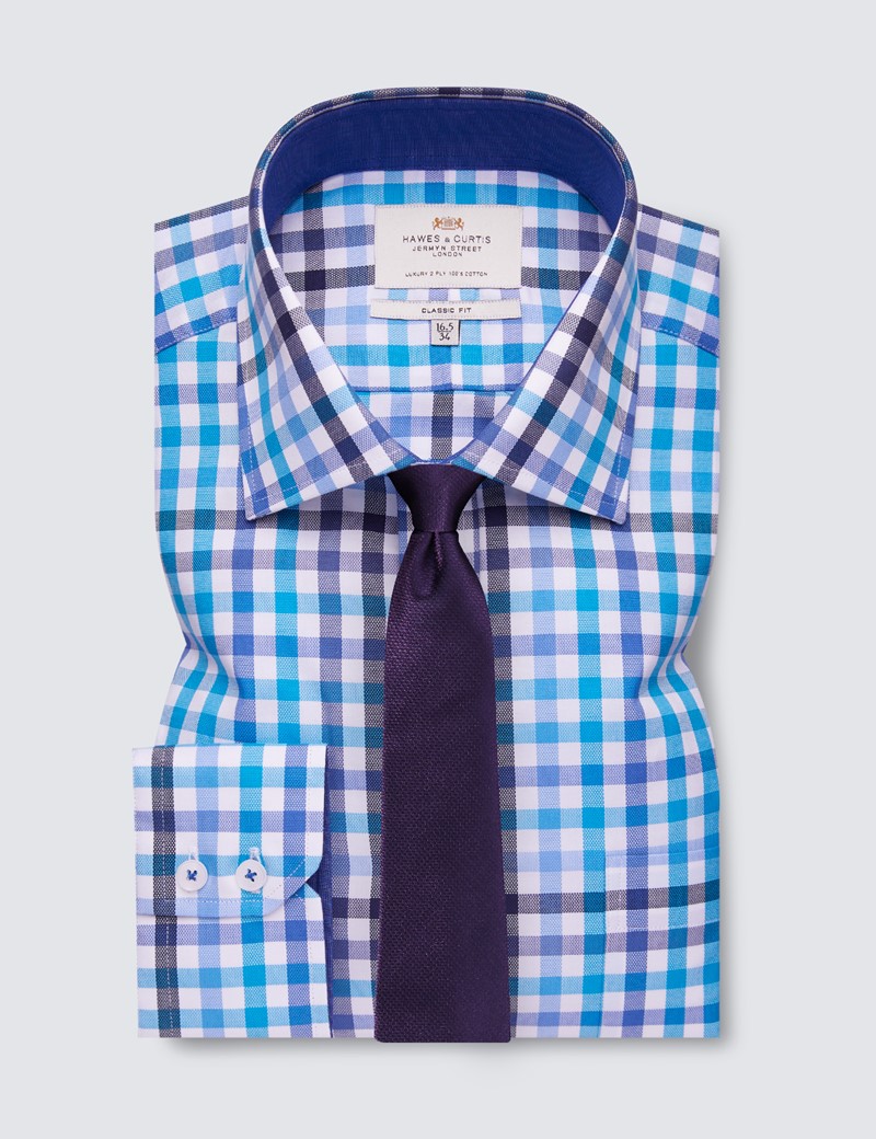 Easy Iron Blue & Turquoise Multi Check Classic Fit Shirt with Contrast Detail & Chest Pocket - Single Cuffs