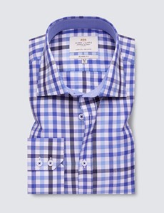 Easy Iron Blue & Navy Multi Check Classic Fit Shirt with Contrast Detail & Chest Pocket - Single Cuffs
