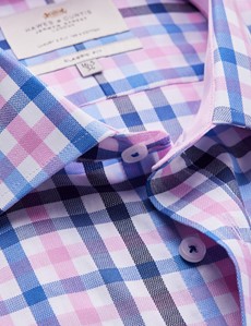 Easy Iron Pink & Blue Multi Check Classic Fit Shirt with Contrast Detail & Chest Pocket - Single Cuffs