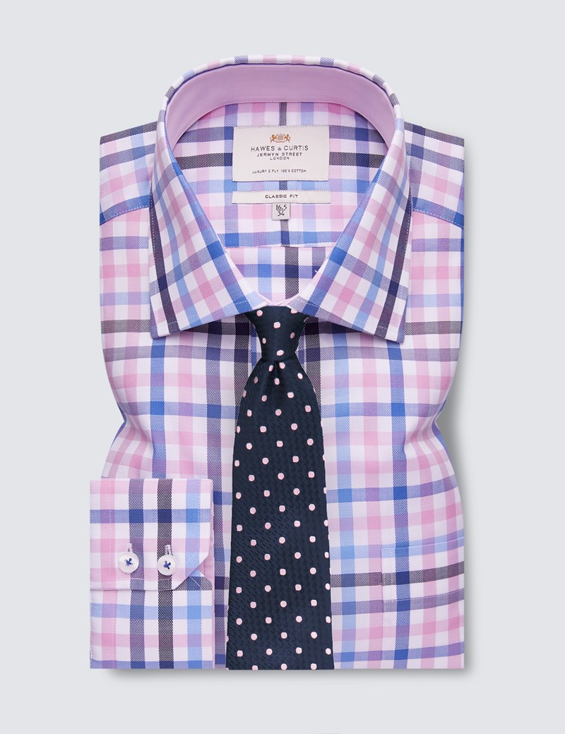 Easy Iron Pink & Blue Multi Check Classic Fit Shirt with Contrast Detail & Chest Pocket - Single Cuffs