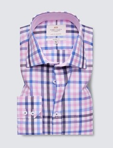 Bügelleichtes Businesshemd – Classic Fit – Kentkragen – blau rosa Gitterkaro