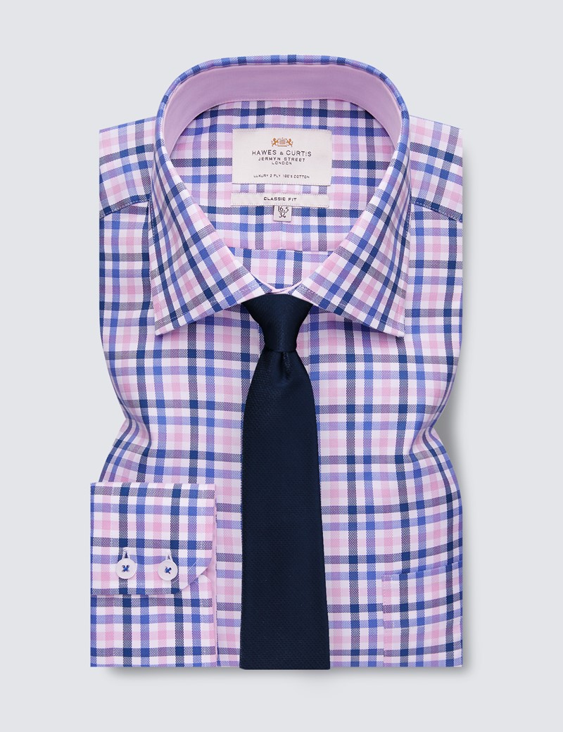  Easy Iron Pink & Navy Multi Check Classic Fit Shirt with Contrast Detail & Chest Pocket - Single Cuffs