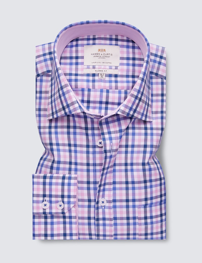  Easy Iron Pink & Navy Multi Check Classic Fit Shirt with Contrast Detail & Chest Pocket - Single Cuffs