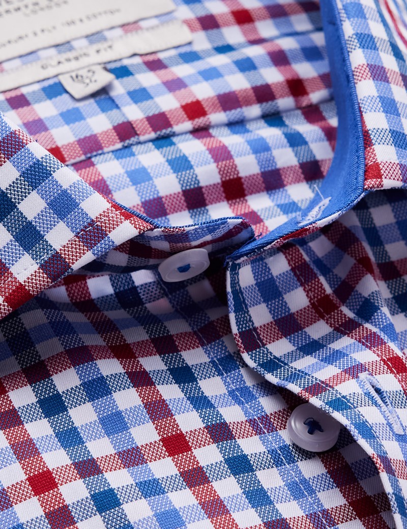  Easy Iron Red & Navy Multi Check Classic Fit Shirt with Contrast Detail & Chest Pocket - Single Cuffs