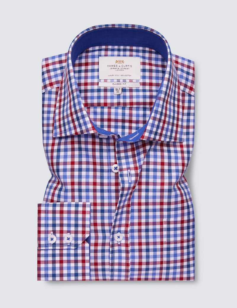  Easy Iron Red & Navy Multi Check Classic Fit Shirt with Contrast Detail & Chest Pocket - Single Cuffs