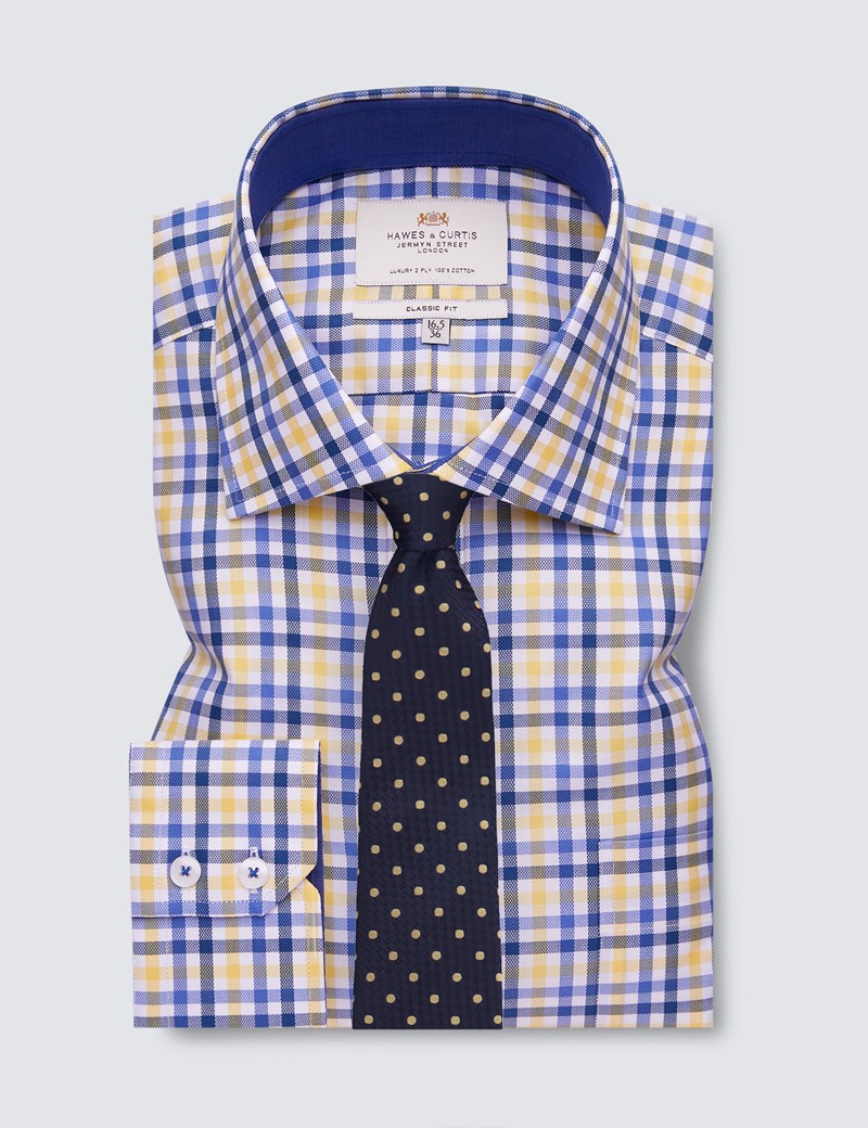  Easy Iron Yellow & Navy Multi Check Classic Fit Shirt with Contrast Detail & Chest Pocket - Single Cuffs