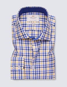  Easy Iron Yellow & Navy Multi Check Classic Fit Shirt with Contrast Detail & Chest Pocket - Single Cuffs