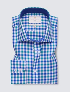 Easy Iron Navy & Green Multi Check Classic Fit Shirt with Contrast Detail & Chest Pocket - Single Cuffs