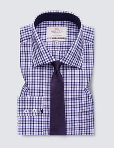 Easy Iron Blue & Navy Multi Check Classic Fit Shirt with Contrast Detail & Chest Pocket - Single Cuffs