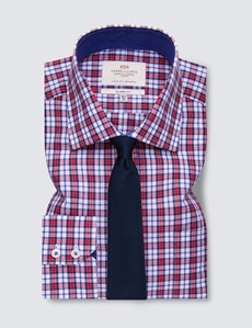 Easy Iron Red & Navy Multi Check Classic Fit Shirt with Contrast Detail & Chest Pocket - Single Cuffs