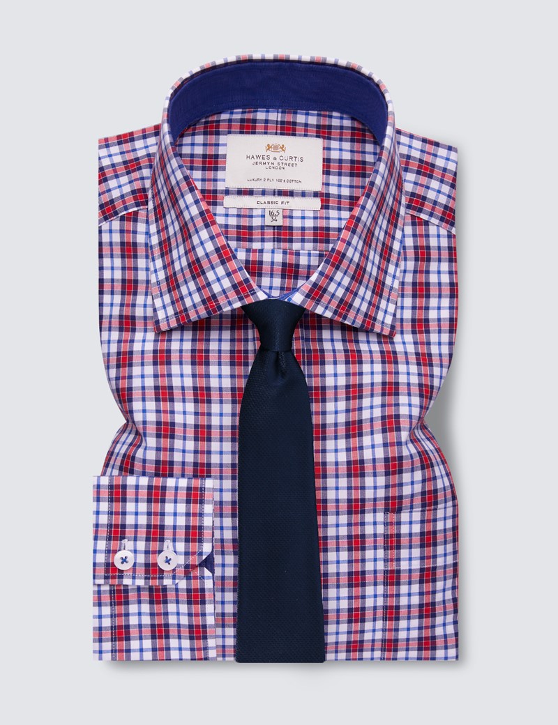 Easy Iron Red & Navy Multi Check Classic Fit Shirt with Contrast Detail & Chest Pocket - Single Cuffs
