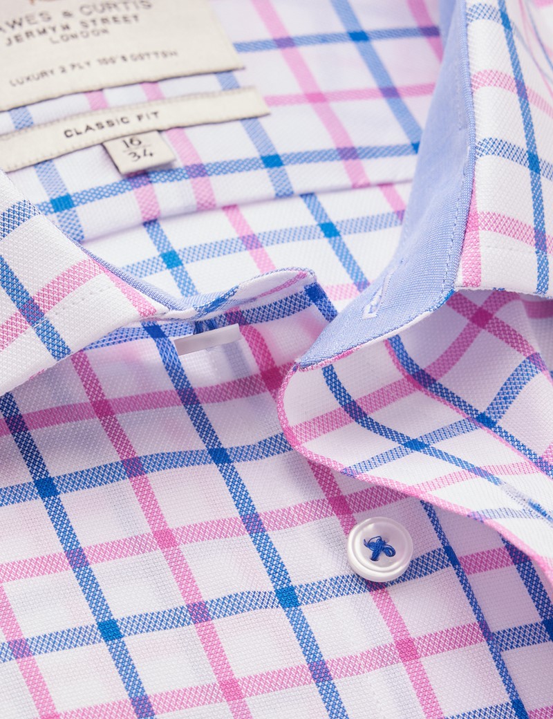 Easy Iron Blue & Pink Multi Check Classic Fit Shirt - Single Cuff