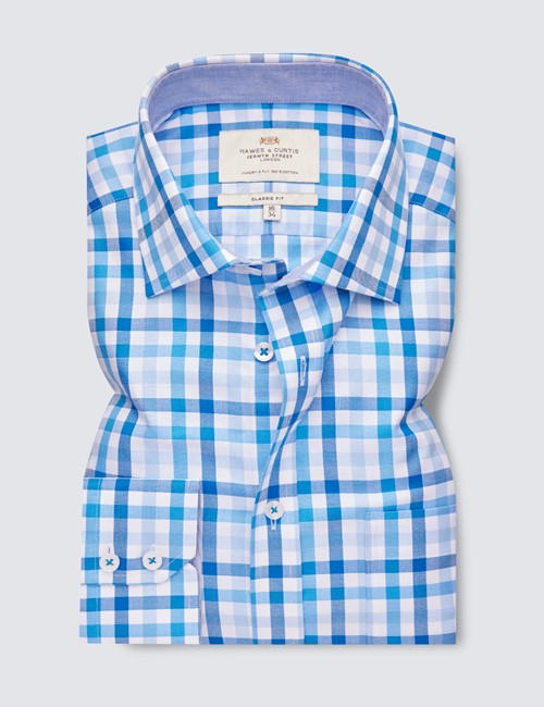 MENS SHIRT SMART FORMAL DOUBLE COLLAR EVENING WEAR SOFT BLUE WITH WHITE CHECKS 