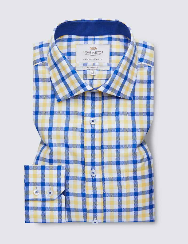 Easy Iron Blue & Yellow Multi Check Classic Fit Shirt with Contrast Detail & Chest Pocket - Single Cuffs