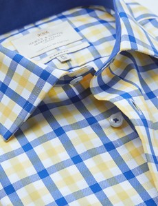 Easy Iron Blue & Yellow Multi Check Classic Fit Shirt with Contrast Detail & Chest Pocket - Single Cuffs
