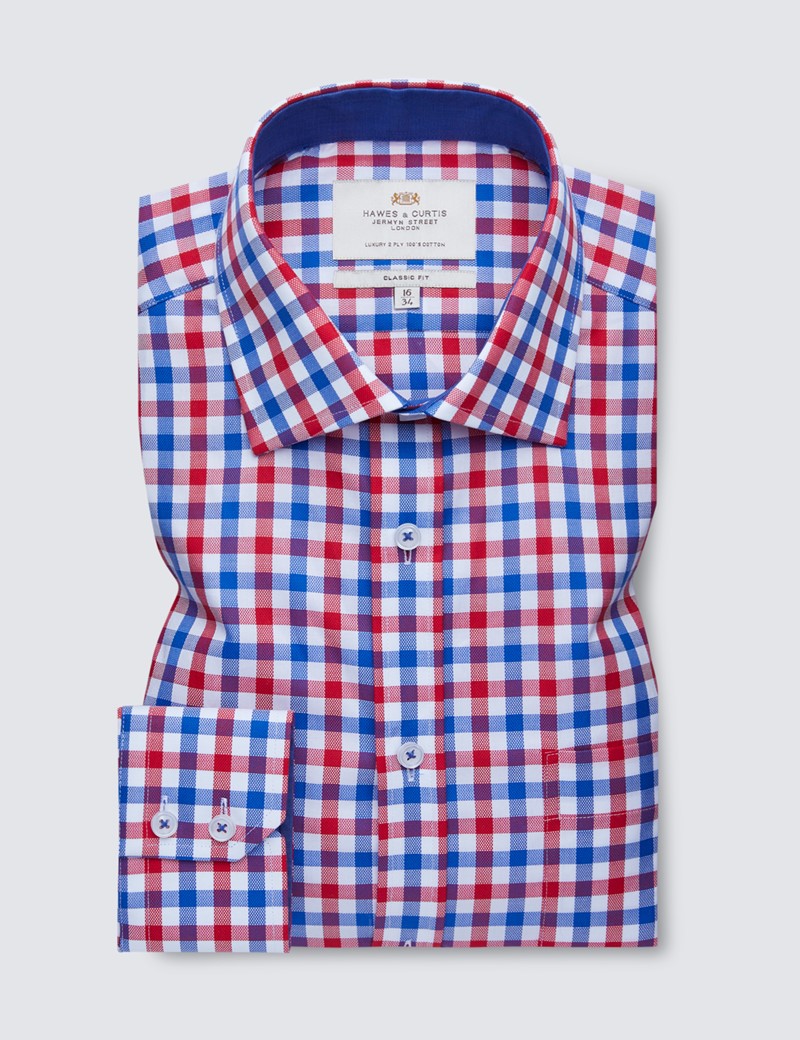 Easy Iron Red & Blue Multi Check Classic Fit Shirt with Contrast Detail & Chest Pocket - Single Cuffs