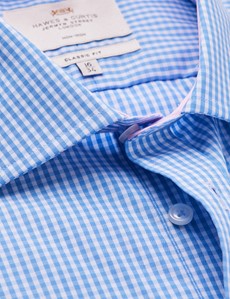 Non Iron Blue & White Gingham Check Classic Fit Shirt with Contrast Detail & Chest Pocket - Single Cuffs