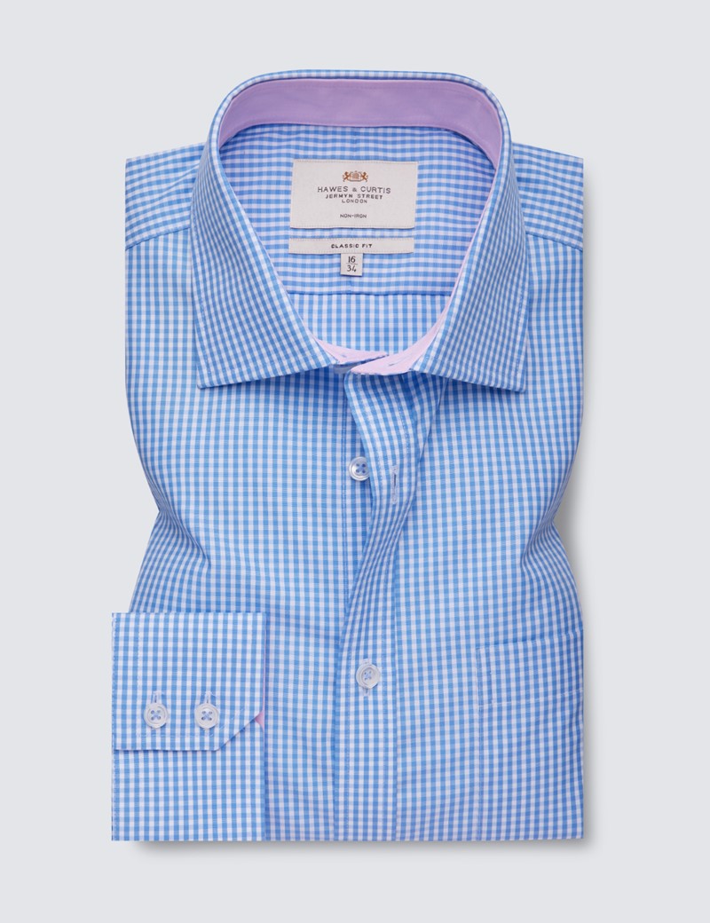 Non Iron Blue & White Gingham Check Classic Fit Shirt with Contrast Detail & Chest Pocket - Single Cuffs