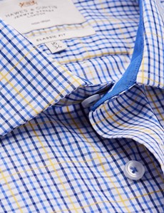 Non Iron Blue & Yellow Multi Check Classic Fit Shirt With Contrast Detail & Breast Pocket - Single Cuffs