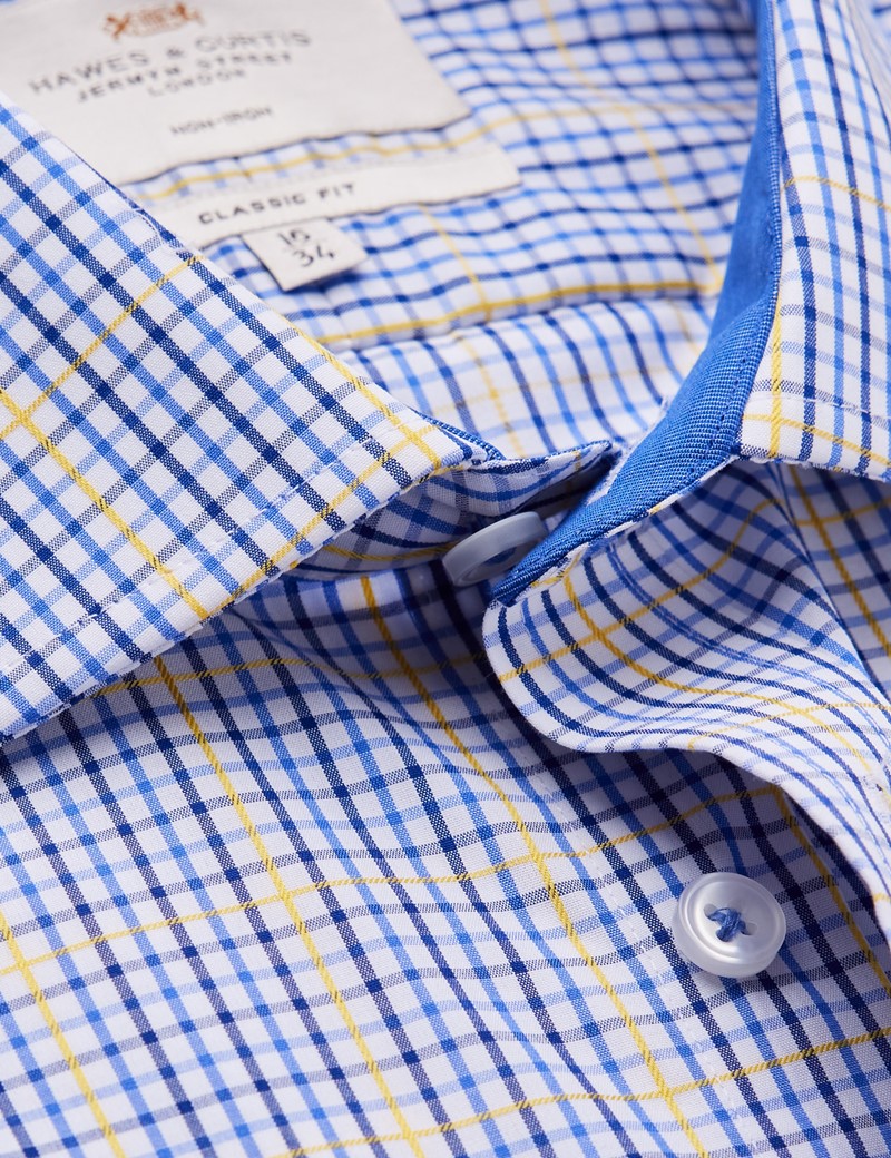 Non Iron Blue & Yellow Multi Check Classic Fit Shirt With Contrast Detail & Breast Pocket - Single Cuffs