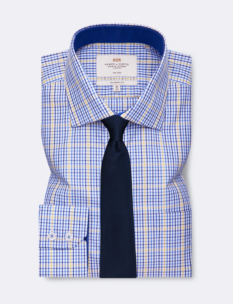 Non Iron Blue & Yellow Multi Check Classic Fit Shirt With Contrast Detail & Breast Pocket - Single Cuffs