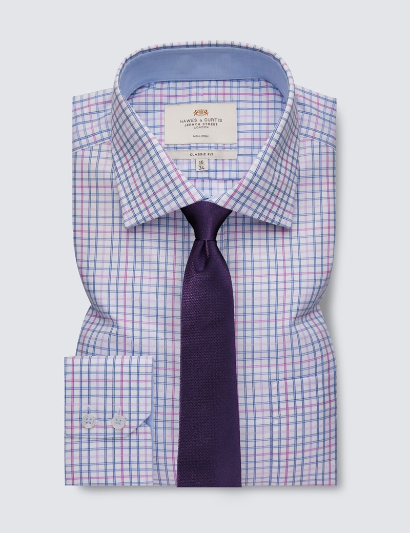 Non Iron Blue & Lilac Multi Check Classic Fit Shirt With Contrast Detail - Single Cuffs