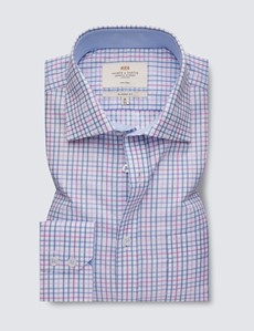 Non Iron Blue & Lilac Multi Check Classic Fit Shirt With Contrast Detail - Single Cuffs