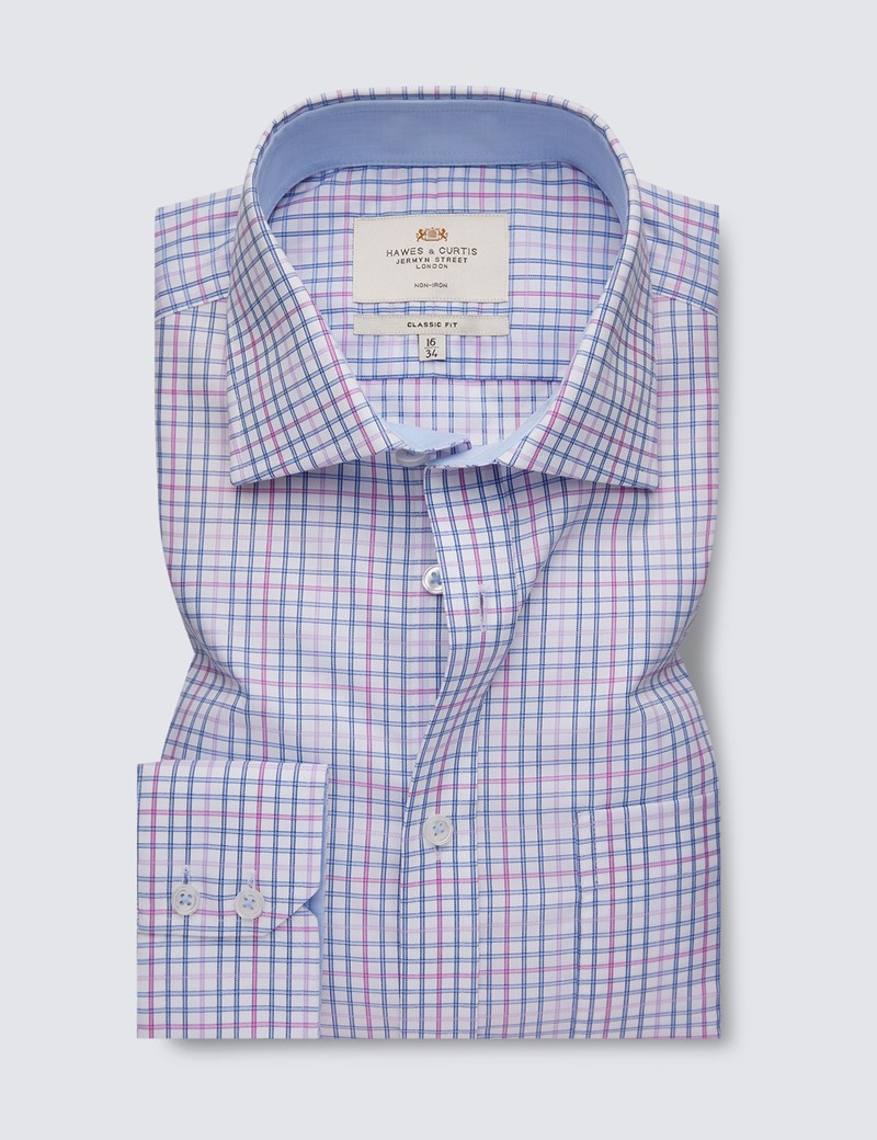 Non Iron Blue & Lilac Multi Check Classic Fit Shirt With Contrast Detail - Single Cuffs