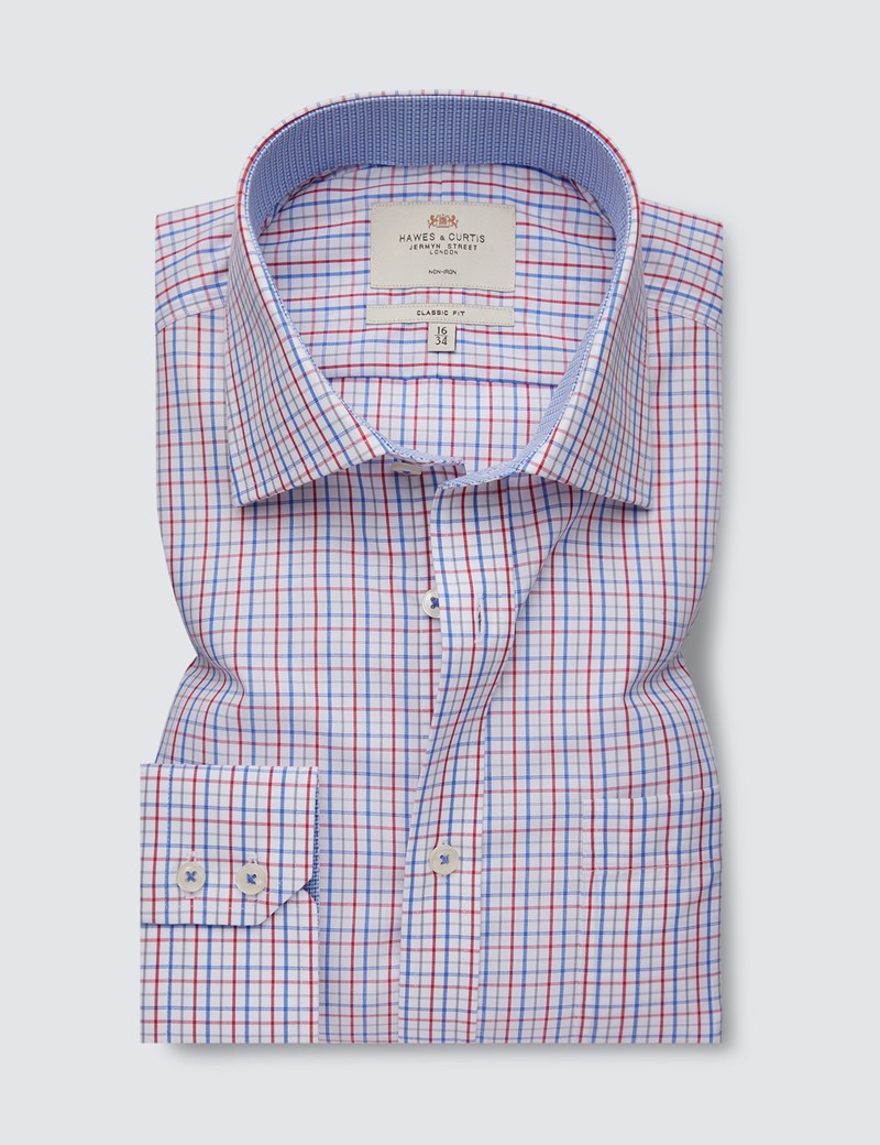 Non Iron Red & Blue Multi Check Classic Fit Shirt With Semi Cutaway Collar - Single Cuffs