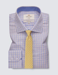 Non Iron Yellow & Blue Multi Check Classic Fit Shirt With Semi Cutaway Collar - Single Cuffs