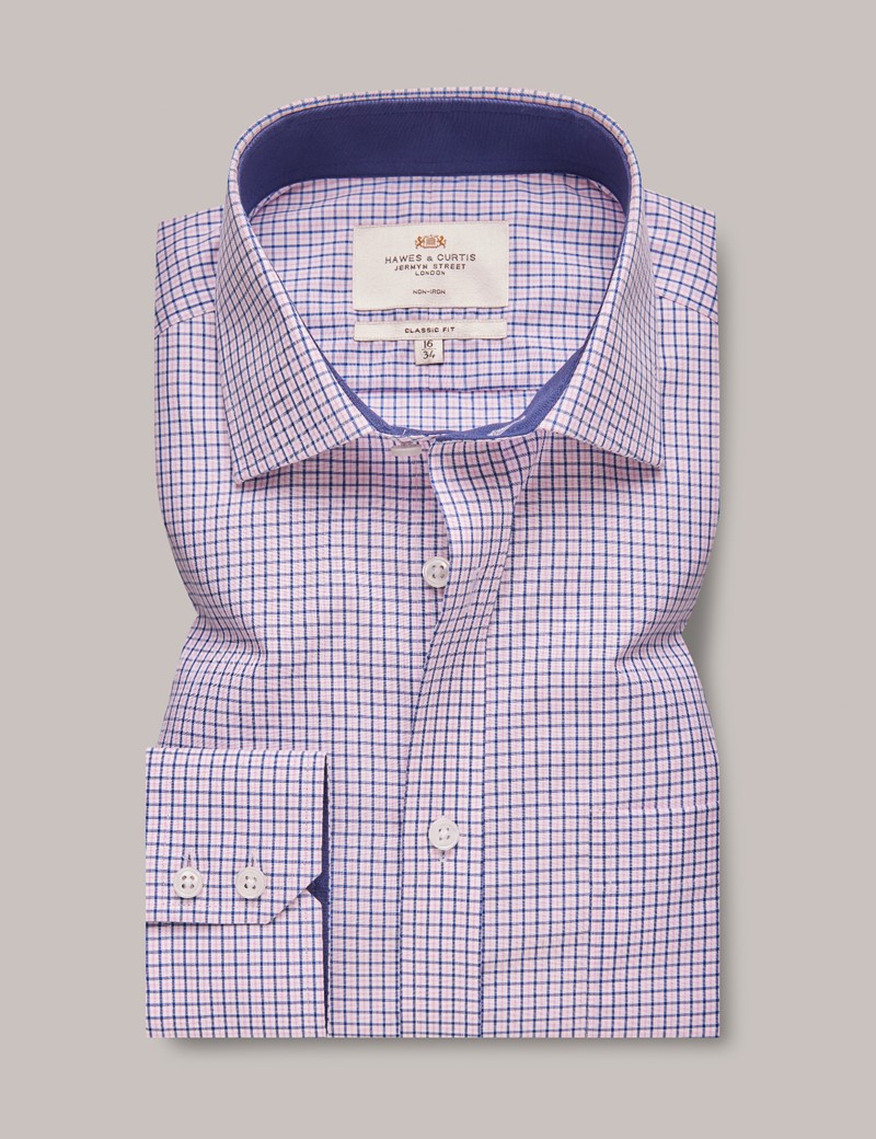 Non-Iron Pink & Navy Check Classic Shirt with Contrast Detail - Chest Pocket