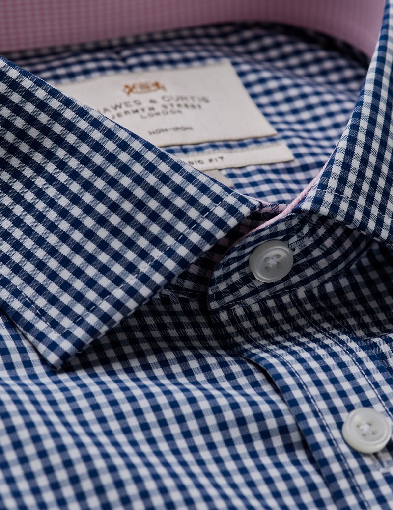 Men's Non-Iron Navy & White Gingham Check Classic Shirt With Breast ...