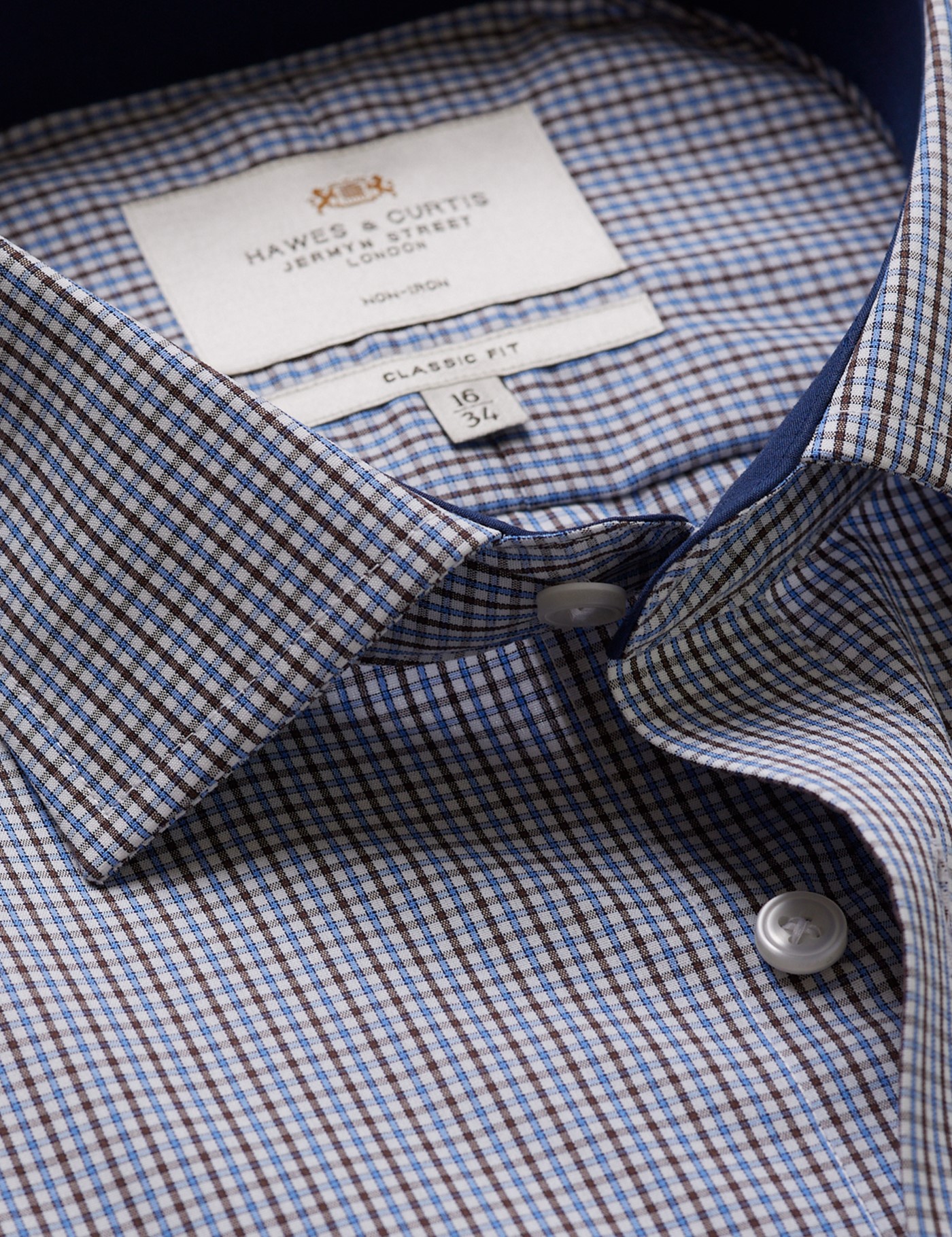 & Classic Fit Brown & Check Non Iron Shirt Contrast Detail Chest Pocket 16.5" collar 36" sleeve