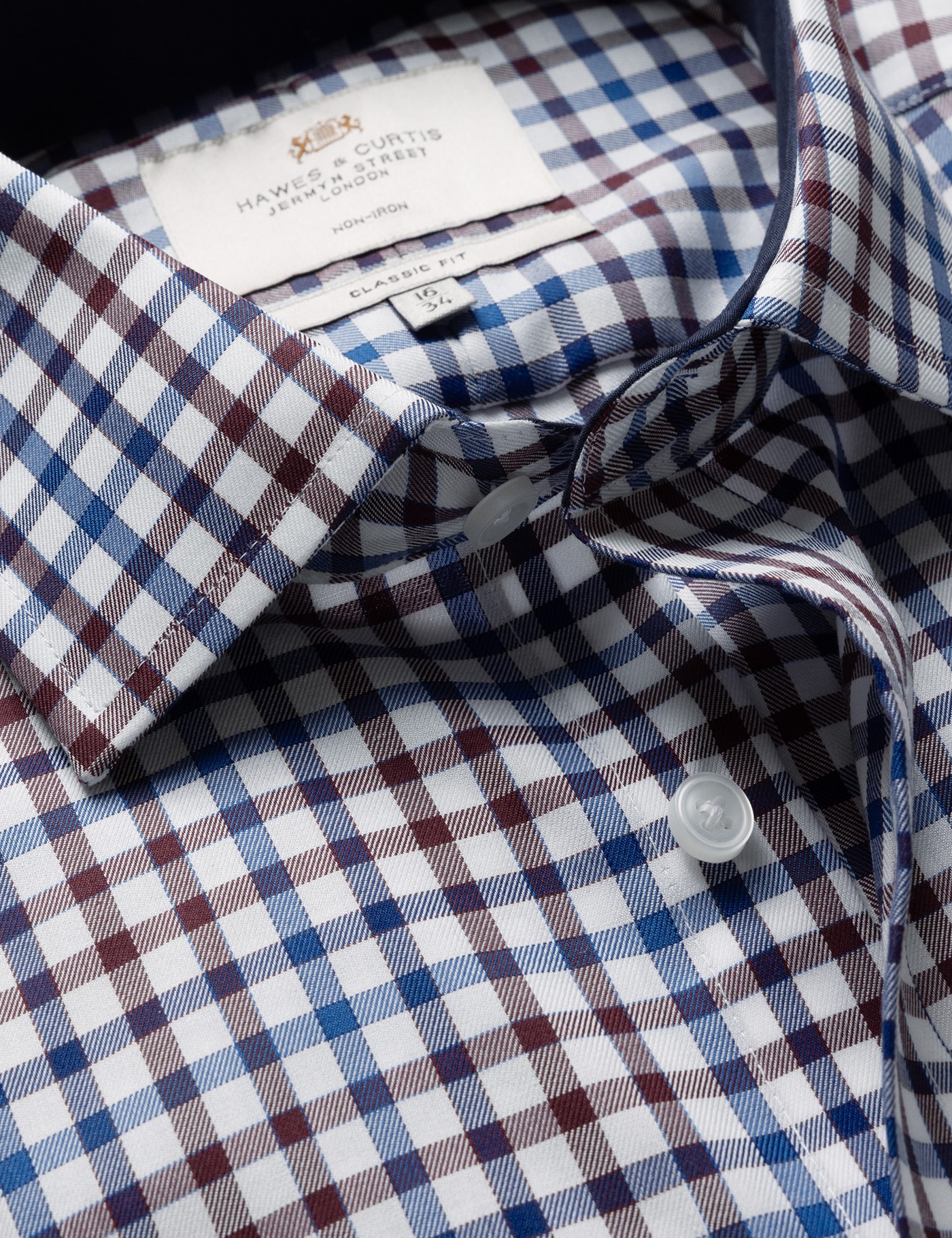 & Classic Fit Brown & Check Non Iron Shirt Contrast Detail Chest Pocket 20" collar 38" sleeve