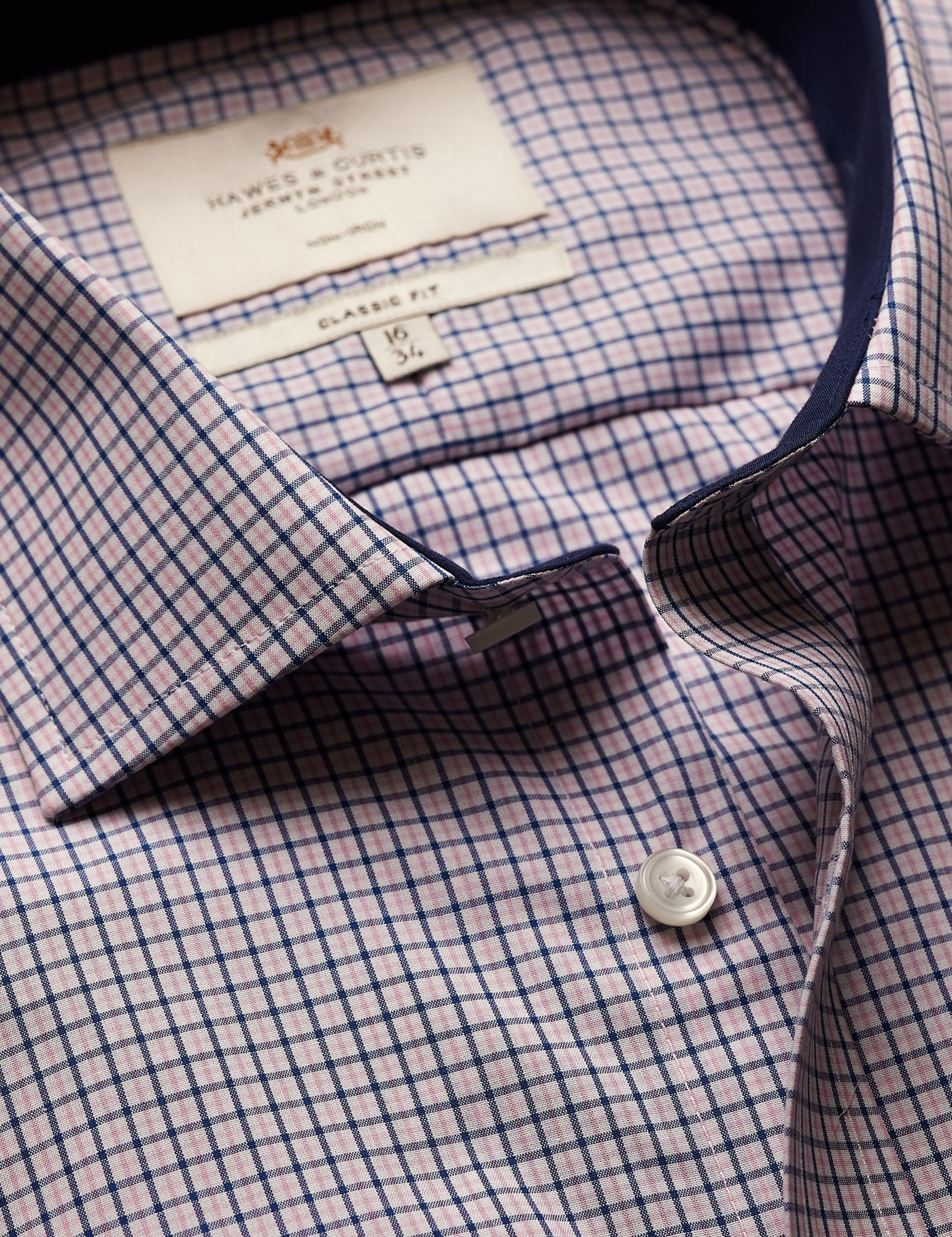 Hawes & Curtis Classic Fit Pink & Navy Check Non-Iron Shirt | Contrast Detail | Chest Pocket Size: 19" collar, 38" sleeve