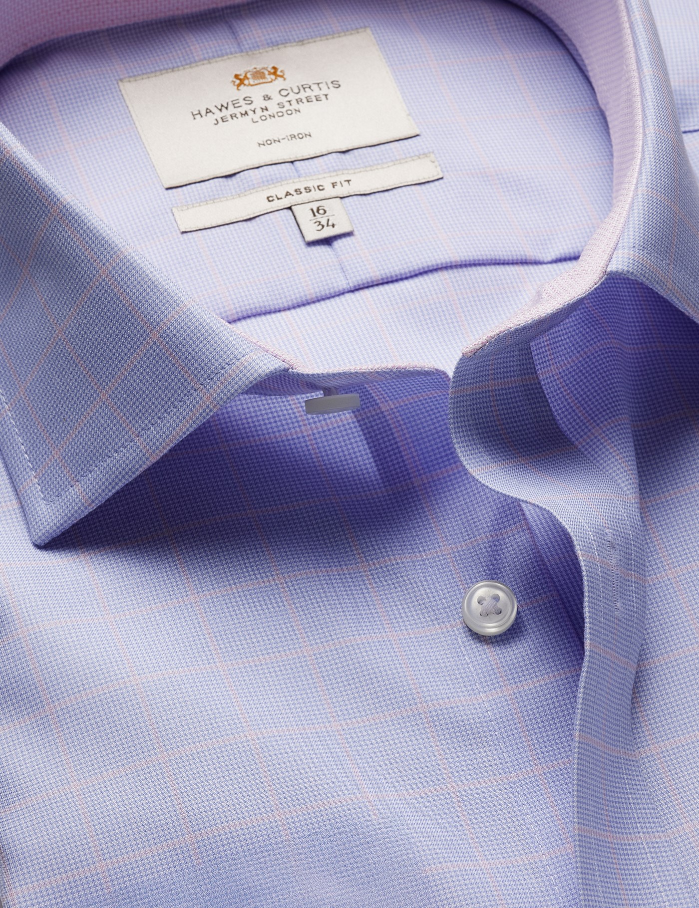 Hawes & Curtis Classic Fit Blue & Pink Check Non-Iron Shirt | Contrast Detail | Chest Pocket Size: 19" collar, 38" sleeve