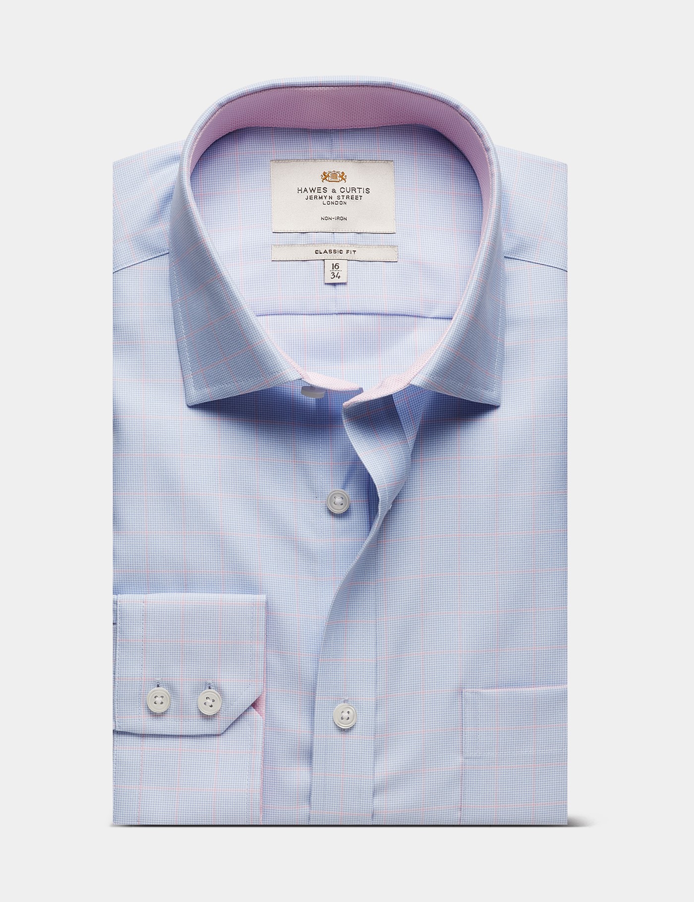 Hawes & Curtis Classic Fit Blue & Pink Check Non-Iron Shirt | Contrast Detail | Chest Pocket Size: 19" collar, 38" sleeve image 2