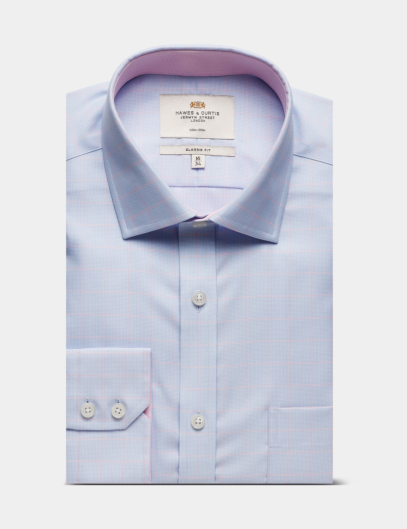 Hawes & Curtis Classic Fit Blue & Pink Check Non-Iron Shirt | Contrast Detail | Chest Pocket Size: 19" collar, 38" sleeve image 3