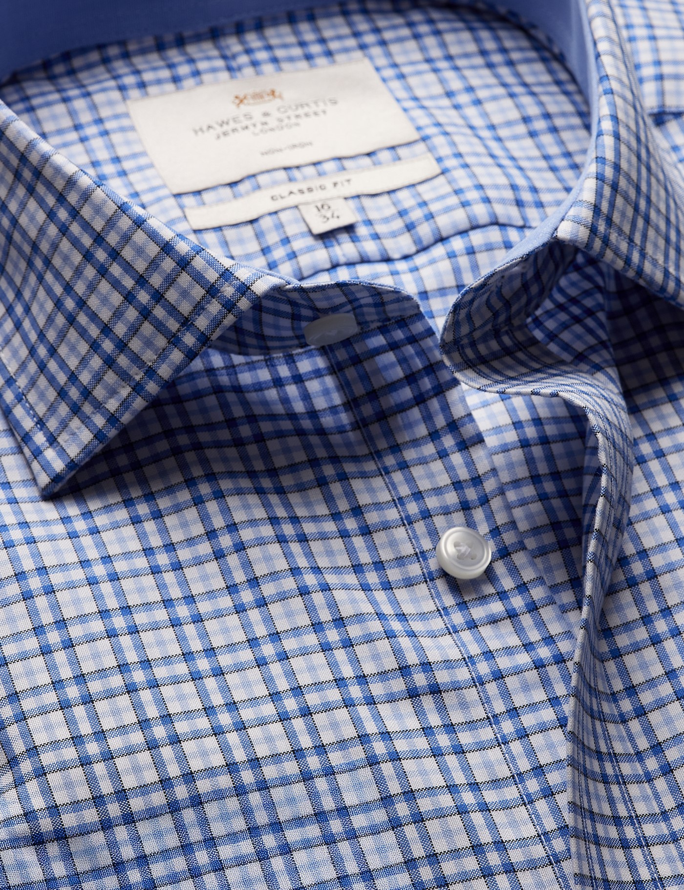 Hawes & Curtis Classic Fit Blue & White Check Non-Iron Shirt | Contrast Detail | Chest Pocket Size: 18" collar, 38" sleeve