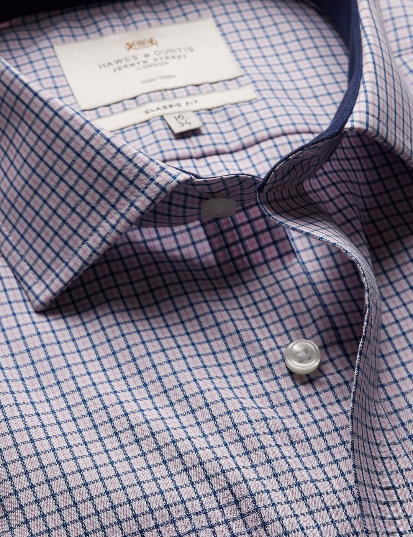 Hawes & Curtis Classic Fit Navy & Pink Multi Check Non-Iron Shirt | Contrast Detail | Chest Pocket Size: 20" collar, 38" sleeve