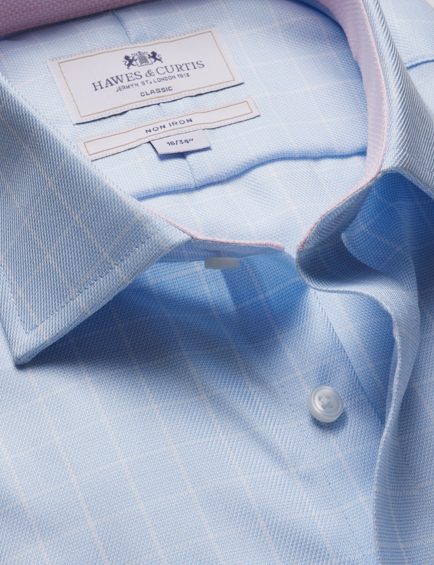 Hawes & Curtis Classic Fit Blue & White Grid Check Non-Iron Shirt | Contrast Detail | Chest Pocket Size: 19" collar, 38" sleeve