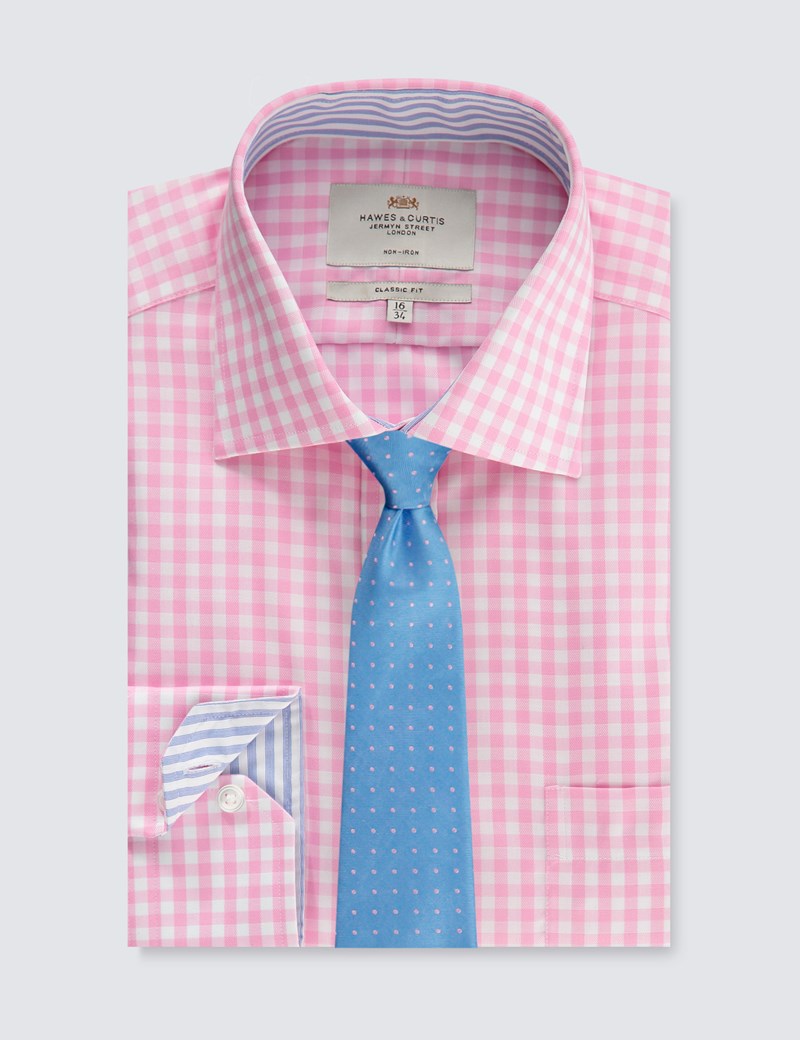 Men's Formal Pink & White Large Gingham Check Classic Fit Shirt Single Cuff Chest Pocket