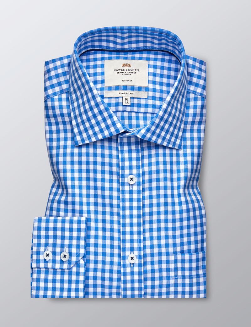 Men's Formal Blue & White Gingham Check Classic Fit Shirt - Single Cuff ...