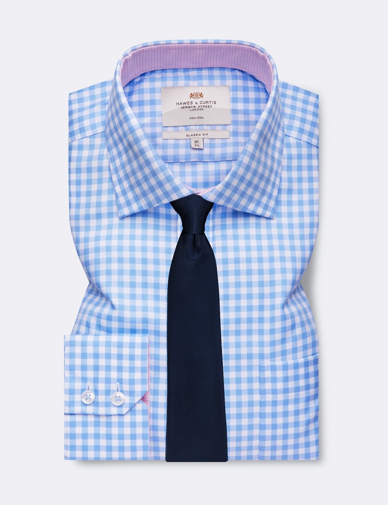 Non Iron Blue & White Bold Check Classic Fit Shirt with Contrast Detail & Chest Pocket - Single Cuffs